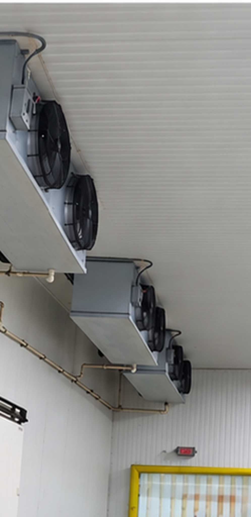 Multiple ceiling-mounted refrigeration unit coolers in an operating cold-storage facility
