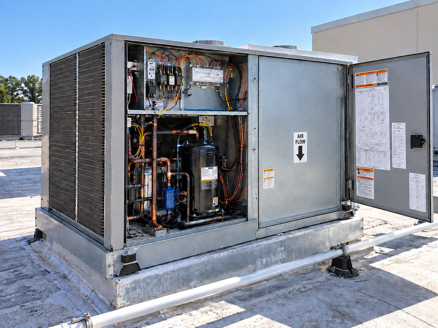 Rooftop HVAC/R equipment service view with blower compartment closed